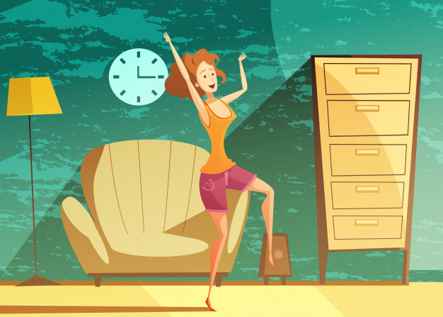 Young girl dancing alone at home late in the evening Free Vector