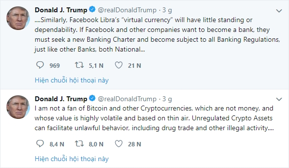 Tổng thống Mỹ Donald Trump lên tiếng chống lại đồng tiền ảo Libra của Facebook 