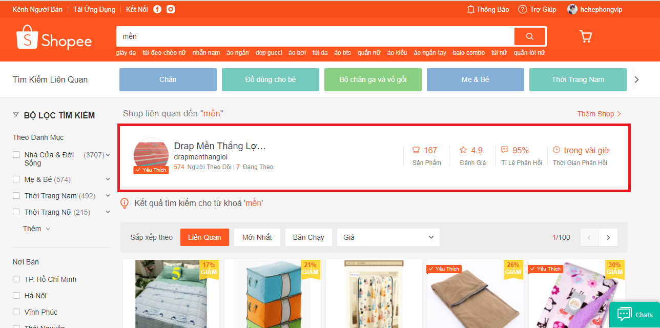 Khung hiển thị quảng cáo đấu thầu từ khóa trên shopee