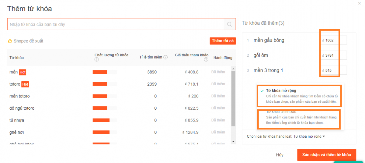 Thêm từ khóa khác để đấu giá quảng cáo shopee